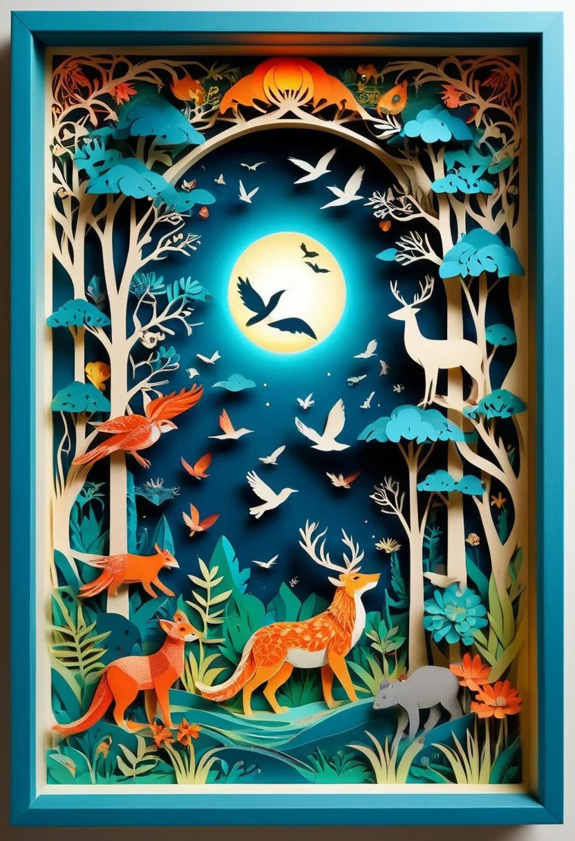 3D papercut shadow box of a parallel universe where animals have evolved to use technology, Patchwork Style, layered, dimensional, depth, silhouette, shadow, handmade, by various contemporary artists.
concept-art, fantasy, epic, majestic, magical, dreamy, perspective, light and shadow, moody, epic,
beautiful, painterly, aesthetic, textural, vivid, vibrant, intricate details, highly detailed, ultra-detailed, absurdres,
aid291, ptchkrawk , Jed-pprct