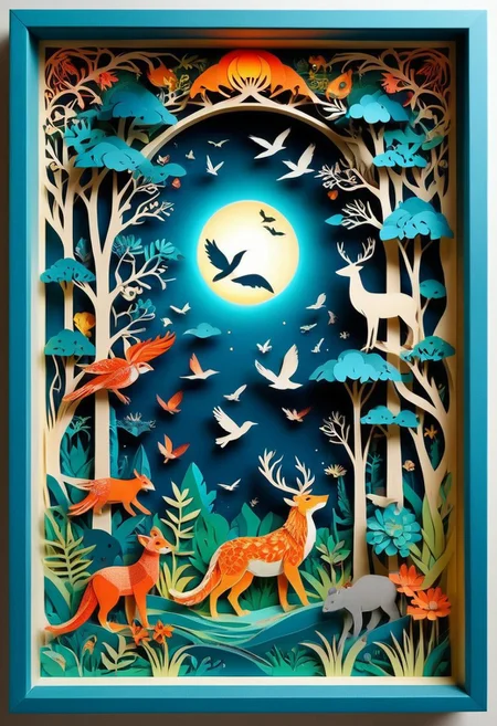 3D papercut shadow box of a parallel universe where animals have evolved to use technology, Patchwork Style, layered, dimensional, depth, silhouette, shadow, handmade, by various contemporary artists.
concept-art, fantasy, epic, majestic, magical, dreamy, perspective, light and shadow, moody, epic,
beautiful, painterly, aesthetic, textural, vivid, vibrant, intricate details, highly detailed, ultra-detailed, absurdres,
aid291, ptchkrawk , Jed-pprct