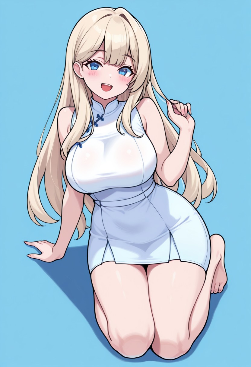 masterpiece, best quality, 32k, high resolution, absurdres, solo, open mouth, looking at viewer, smile, 1girl, blue eyes, long hair, breasts, blush, full body