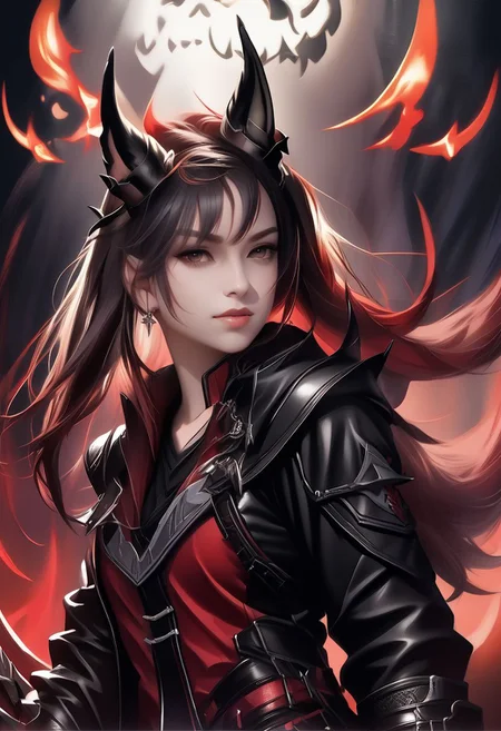 A horned female teen rogue wearing ((leather armor)), black suit, oni girl with wolf-ears, dangerous Kemonomimi waif, brunette assassin, tiefling thief, black hair, three small horns, [onii (Shuna, Hakurou) horns], tri-horn (masterpiece:1.5), (best quality), (disharmonic + ugly + unaesthetic:1.5)