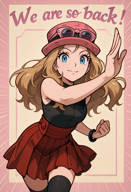 masterpiece, best quality, 1girl, solo, eyelashes, (beautiful eyes), We4reSoB4ck, text, ,<lora:We4reSoB4ck_IXL_v1:1.0>, zzSerena, solo, long hair, blue eyes, eyewear on headwear, pink headwear, eyelashes, sleeveless shirt, black shirt, bracelet, high-waist skirt, red skirt, black thighhighs,<lora:SerenaPokemonIXL_v2:1.0>,smile, looking at viewer, cowboy shot, (dynamic pose, foreshortening, leaning forward:1.2),