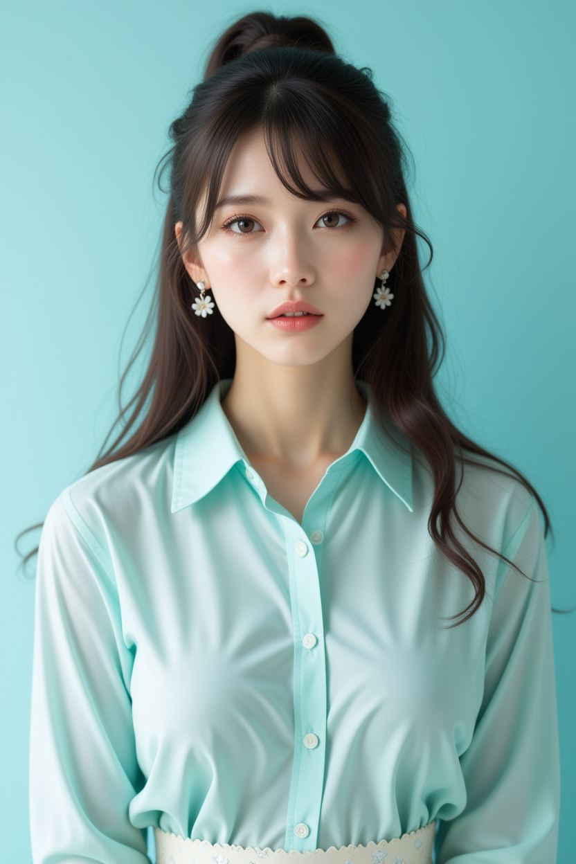 [9][FLUX_108]Realistic photograph, Against a soft, gradient cotton light blue background, a stunning large breasts 28 years old Japanese woman with long, flowing dark hair, her piercing gaze directly addressing the viewer. perfect round breasts, mole on breast, large areolas, inverted nipples, thick thighs, brown eyes, messy updo, flower shaped earrings, ((plain light cyan shirt)), ((White floral skirt, white short skirt)),kitchen, , <lora:flux-RealismLora :1>, <lora:YunaFluxV1:0.7>, cinematic light, ultra high res, 8k uhd, intricate details, Movie Light, film grain, dreamlike, perfect anatomy, best shadow, delicate, RAW,