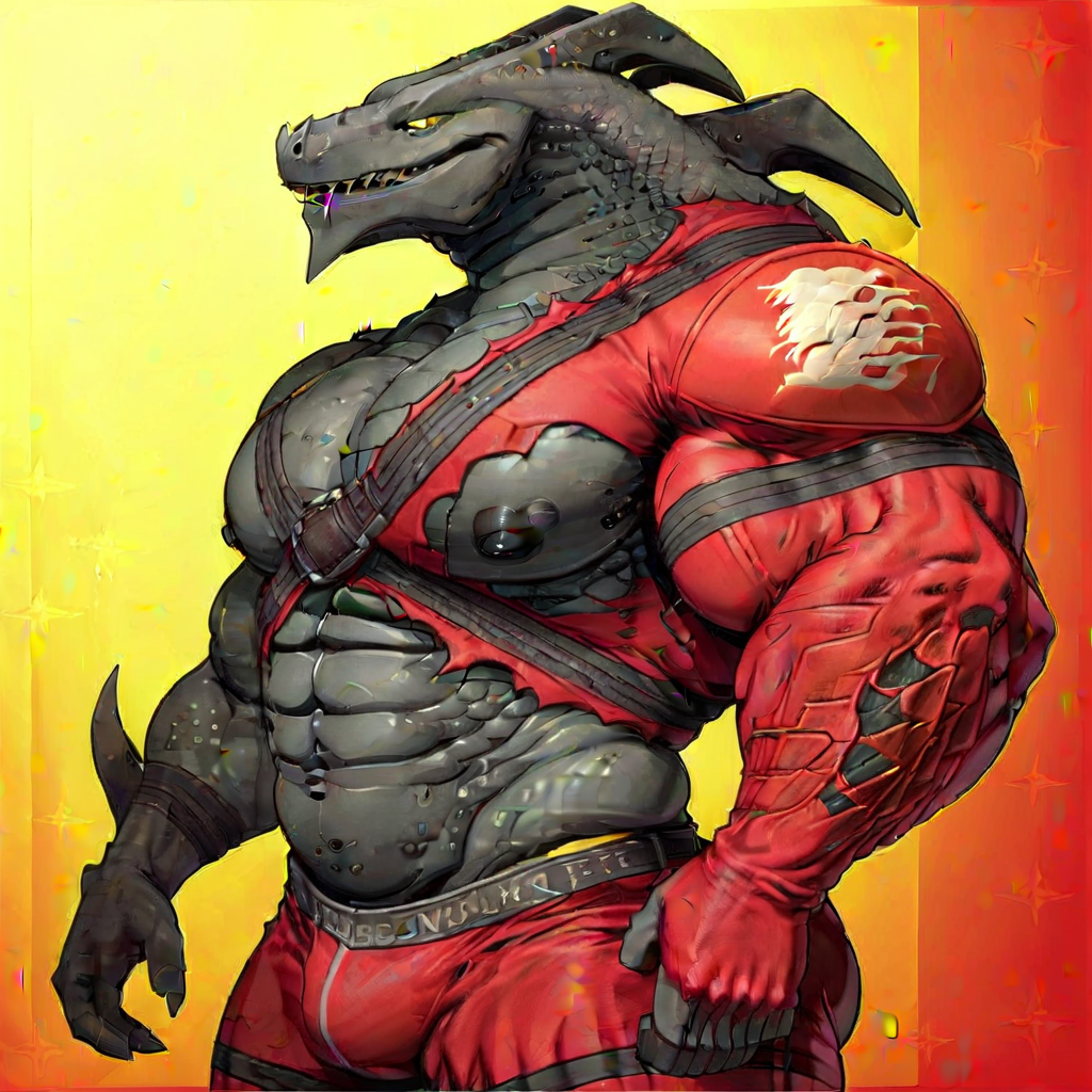 posing, half view, black belly, muscular, Dragon, reptile, yellow background, dragon