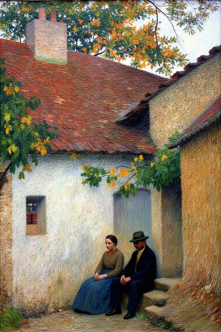 henrimartin1 painting.
A man and a woman are seated in a narrow alleyway between old houses with red stone roofs. Overhanging branches frame the scene. <lora:henrimartin1_cap_d8a4e12:1.0><lora:851854122163380888:0>