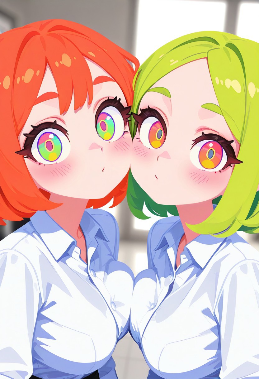fabulosity_style, best quality, no lineart, no outline, flat color, blurry background, depth of field, thick eyelashes, 2girls, tilted angle, detailed eyes, multicolored eyes, large breasts, office shirt, orange hair, green hair, cheek-to-cheek, side by side, acid colors, blush, looking at viewer