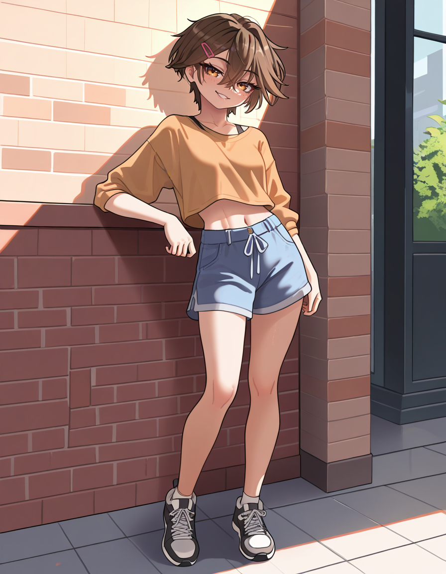 masterpiece, best quality, very aesthetic, absurdres,
outdoors, casual, 
full body, standing, posing, 
 seductive smile, parted lips, long eyelashes,
<lora:Sasha_v01_NAIXL:1>
S4sh4,1girl,solo,tomboy,short hair,brown hair,hairclip,hair between eyes,brown hair,bangs,