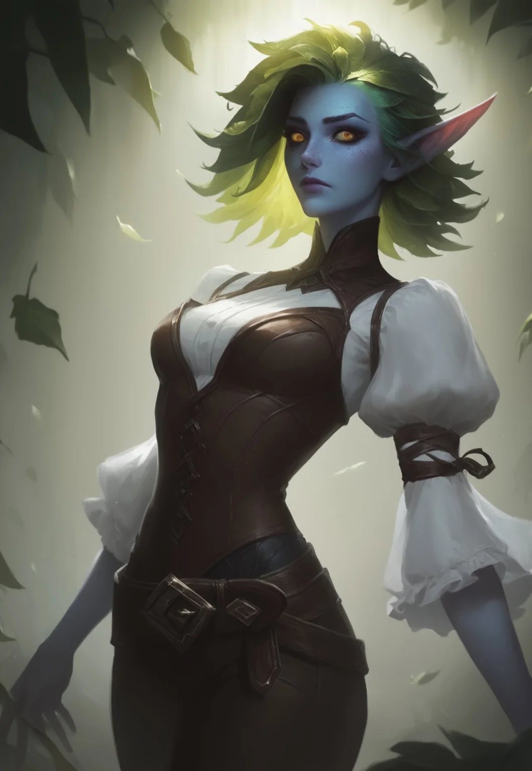 (score_9, score_8_up, score_7_up), missfortune, detailed_eye_model, concept art, realistic, Lol style, league of legends style, lol, league of legends, BREAK, 1woman, cowboy-shot, dramatic lights, clear eyes, sharp eyes, high quality eyes, high resolution eyes, detailed eyes, looking at viewer, eye contact, ((Elf, pointed ears, freckles on face, beautiful, detailed face, beautiful face, blue skin, golden eyes, green hair, leaves in hair, leaves)), neck-length hair, loose hair, leafy hair, ((white shirt, flowy sleeves)), ((brown corset, brown leather pants)), belt, ((blue skin)), ((freckles on face)),