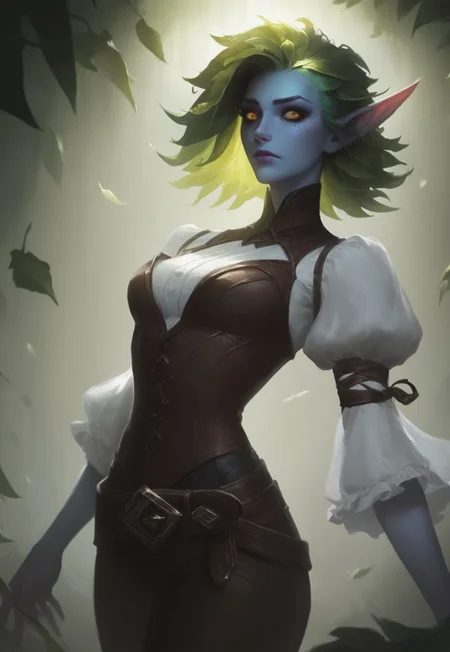 (score_9, score_8_up, score_7_up), missfortune, detailed_eye_model, concept art, realistic, Lol style, league of legends style, lol, league of legends, BREAK, 1woman, cowboy-shot, dramatic lights, clear eyes, sharp eyes, high quality eyes, high resolution eyes, detailed eyes, looking at viewer, eye contact, ((Elf, pointed ears, freckles on face, beautiful, detailed face, beautiful face, blue skin, golden eyes, green hair, leaves in hair, leaves)), neck-length hair, loose hair, leafy hair, ((white shirt, flowy sleeves)), ((brown corset, brown leather pants)), belt, ((blue skin)), ((freckles on face)),