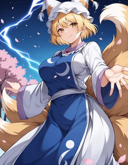 score_9, score_8_up, score_7_up, source_anime, rating_safe, BREAK <lora:ranYakumo_XL-Pony_LoRA-C3Lier_16-16-8-8_AdamW_Un3e-4_Te1.5e-4_10batch:1>, yakumo ran, 1girl, yellow eyes, short hair, blonde hair, multiple tails, fox tail, large breasts, fox ears, pillow hat, white headwear, ofuda, tabard, white dress, long dress, frills, long sleeves, wide sleeves, light smile, closed mouth, floating, wind, dutch angle, twisted torso, reaching towards viewer, looking at viewer, facing viewer, galaxy, danmaku, aura, energy, lightning, light particles, light rays, cherry blossoms, snow, night sky, night