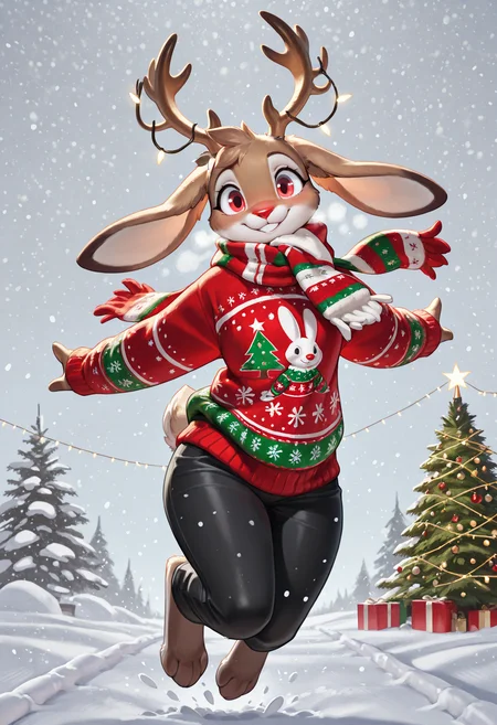 masterpiece, best quality, absurdres, rabbit, furry, female, antlers, christmas sweater, red nose, scarf, black pants, looking at viewer, happy, jumping, outside, snow, snowing, christmas tree, christmas lights, solo, <lora:Animal_Christmas-ILL:0.6> animal christmas