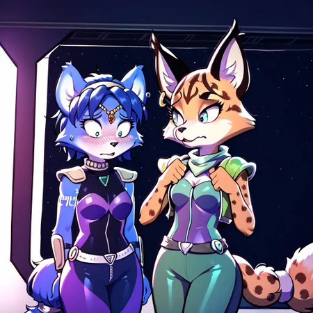 score_9, score_8_up, score_7_up, score_6_up, Krystal_StarFox, Miyu Swift, duo, nervous, worried, standing, biped, anthro, 2girls, curvy, clothed, awkward, high quality, detailed,source_anime, source_cartoon, great lighting, 4k, frowning, side by side,zPDXL2