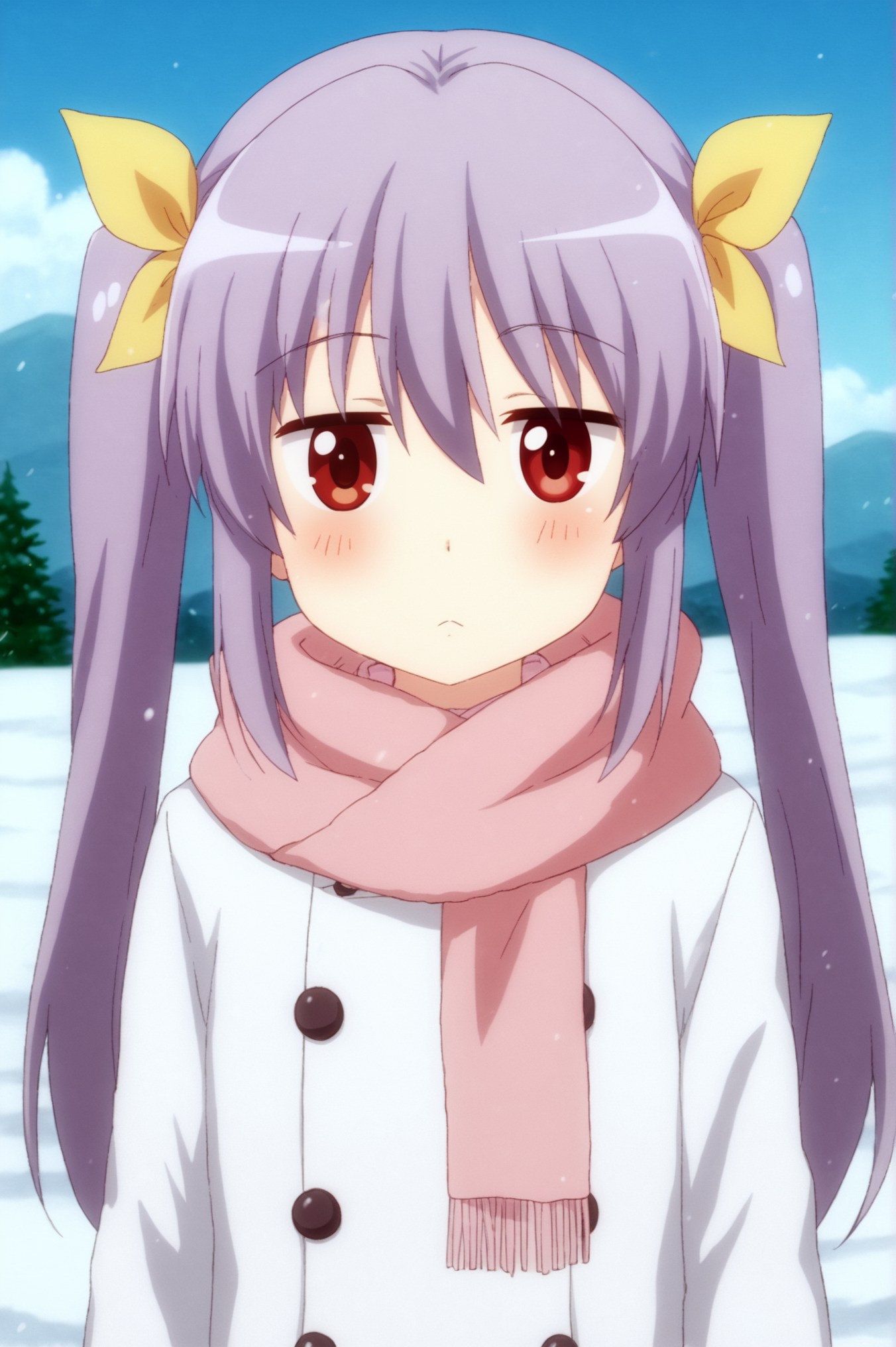 <lora:Renge_Miyauchi:0.7>, Renge Miyauchi, 1girl, solo, looking_at_viewer, blush, long_sleeves, ribbon, upper_body, outdoors, sky, day, scarf, coat, :<, snow, jitome, yellow_ribbon, white_coat, winter_clothes, winter, pink_scarf <lora:sdxl_lightning_4step_lora:1>