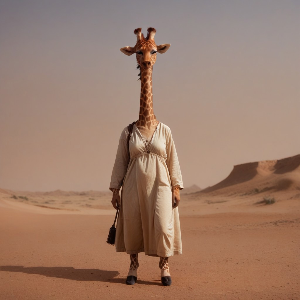 antro, 1girl, giraffe, standing, in a desert background, UHD, score_8_up, score_9
