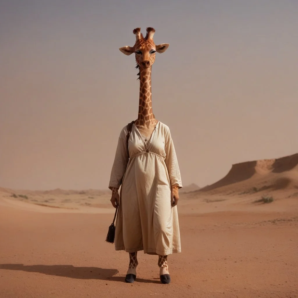 antro, 1girl, giraffe, standing, in a desert background, UHD, score_8_up, score_9