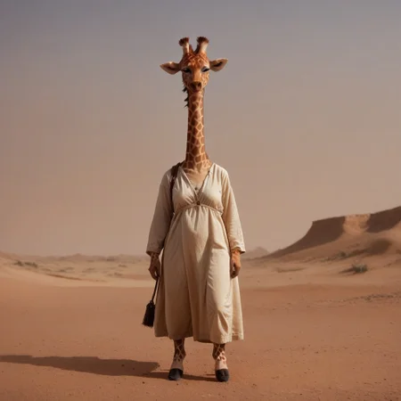 antro, 1girl, giraffe, standing, in a desert background, UHD, score_8_up, score_9