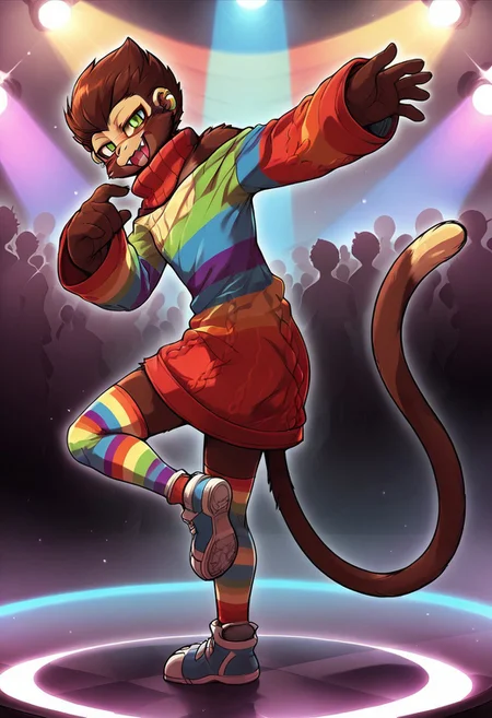 score_9, score_8_up, score_7_up, solo focus, male Wukong, monkey, monkey tail, brown fur, green eyes, solo, body fur, long tail, head tuft, no humans, thighhighs, long shirt, bottomless, flat chested, rainbow sweater dress, (oversized sweater:1.5), off shoulder, (rainbow stripes:1.2), striped stockings, wide sleeves, long sleeves, sleeves past wrists, skinny, thin, tiny waist, short, masterpiece, extreme detail, highest detail, gay, sparkle, glitter, half-closed eyes, flirty, ear ring, smug, eyelids, open smile, fangs, open mouth, tongue, head tilt, looking at viewer, dancing, raised arms, on one leg, knock-kneed, side view, butt, cocked hip, psychedelic background, rainbow colors, nightclub, dancefloor, full-length portrait, background crowd, size difference, by sssonic2, colorful, RainbowCartoony, zPDXL3, zPDXLxxx, zPDXLrl,