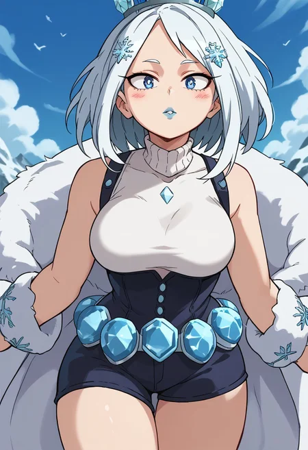 score_9, score_8_up, score_7_up, score_6_up, source_anime, ultra quality, anime screencap, closer view, (/my hero academia style), 1girl, white hair, medium hair, blue arrows, blue eyes, blue lipstick, snowflake hair clip, ice crown, white fur coat, white sleeveless turtleneck, white knee-high boots, black tights, black corset shorts, fluffy bracelets, ice ornaments, ice belt, wide hips, medium breasts, standing, close-up face