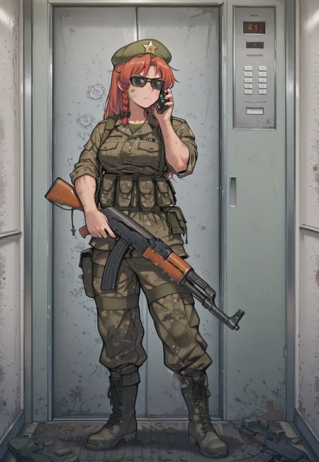 masterpiece, best quality, aesthetic, colorful, BREAK, (hong meiling) elevator interior, elevator buttons, elevator door, ak-47, assault rifle, holding, alternate outfit, 1girl, solo, red hair, beret, muscle, camouflage, pants, camouflage pants, dirty, boots, military uniform, sunglasses, shirt, rolled sleeves, serious, talking on phone, phone,