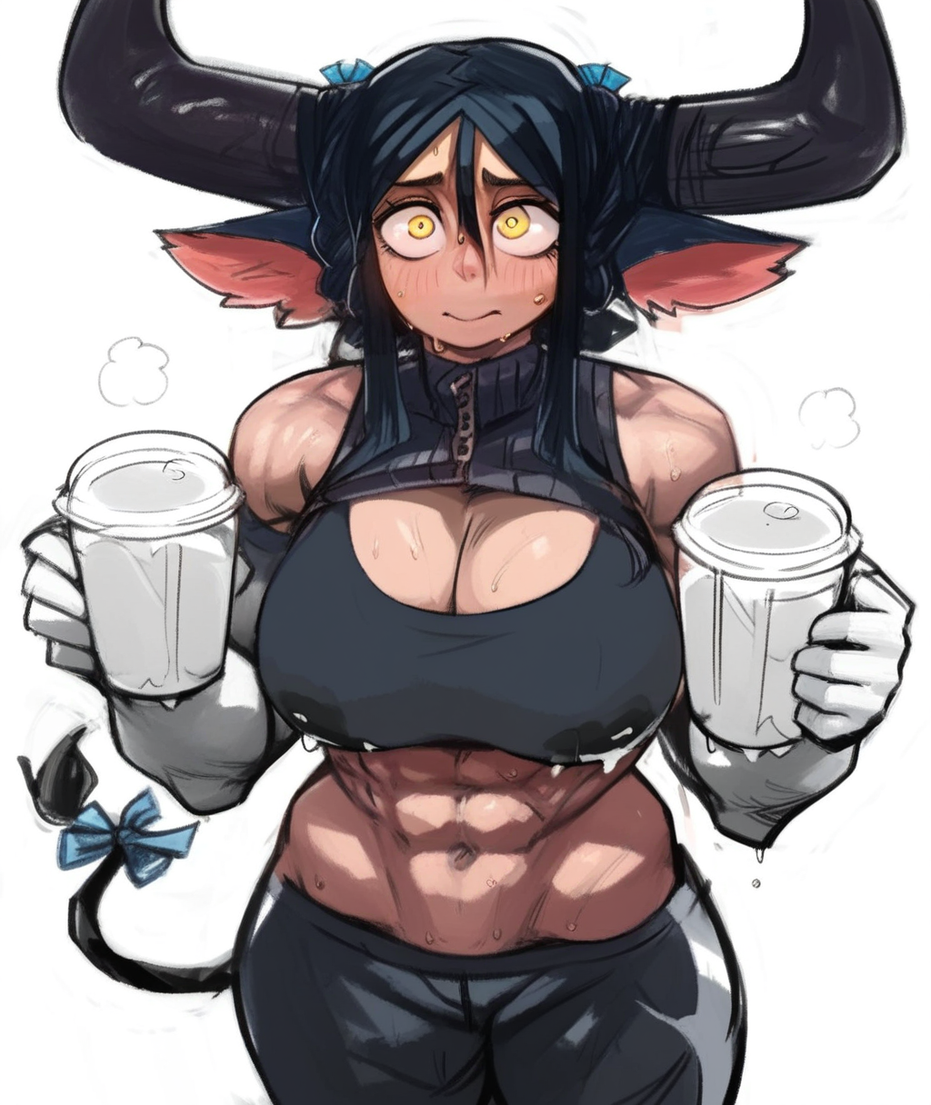 score_8_up. score_7_up,<lora:33dotdot:1>, uncensored, score_9, 33dotdot, 1girl, large breasts, cow horns, animal ears, muscular female, tail ornament, yellow eyes, black hair, abs, cleavage, cow girl, white background, sweat, cow tail, gloves, holding, simple background, blush, navel, sports bra, cup, pants, hair between eyes, milk