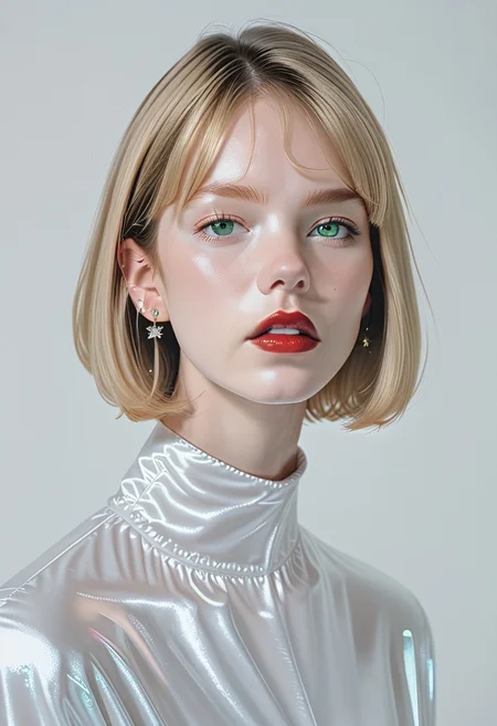 score_9, score_8_up, score_7_up, BREAK, ctdrm, dreamy, 1girl, solo, belatricepamford, jewelry, streetwear, earrings, portrait, parted lips, lips, simple background, red lips, short hair, green eyes, pale skin, light blush, soft lighting, ethereal mood
