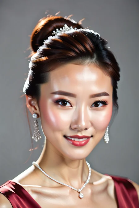 1x1, Professional LinkedIn-style headshot of a beautiful  20-year-old Chinese woman,((1woman)), ((solo)), wearing a crimson blouse, tasteful makeup and subtle jewelry, elegant updo hairstyle, confident soft smile, smooth glowing skin, posed against a soft gray or gradient backdrop, studio lighting, shallow depth of field, highly detailed, photo-realistic portrait