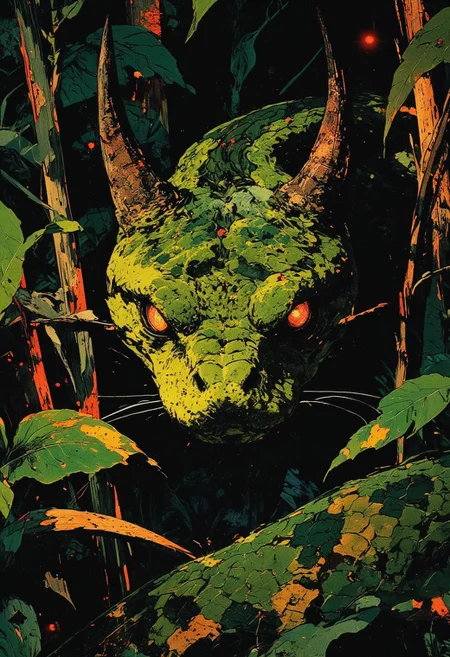 The frame is dominated by the piercing eyes of a green horned viper, both burning with a crimson-red glow, the only focus of the extreme close-up. Positioned centrally, the image captures the full intensity of the viper’s gaze, partially obscured by two strands of long grass that cut across its face. The viper coils in a ready-to-strike position, its muscular body tensed, head slightly raised, exuding an overwhelming sense of controlled aggression. The scales, smooth yet ridged, ripple in shades of deep emerald and iridescent gold, every detail meticulously textured with an almost hyper-realistic precision. The skin surrounding the eyes bears subtle ridges and timeworn abrasions, a silent testament to the serpent’s age and resilience. The tangled vines and broad-leafed foliage of the jungle cast fragmented shadows across its face, shifting with the movement of unseen creatures, creating a dynamic interplay of light and shadow. Light carves along the ridges of its horns and brow, casting spectral highlights that dance across its predatory features, making them shimmer with an otherworldly intensity. The extreme close-up captures not just the raw, hypnotic presence of the viper, but an ancient, untamed essence—silent, unrelenting, and watching.