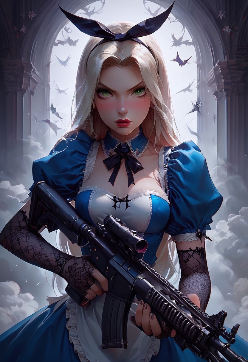 score_9, score_8_up, score_7_up, hyper detailed,alice in wonderland disney,dark green eyes, 18 year old, blushed,super model, perfect details, medium perky breasts,fake breast, rifle, Guns,