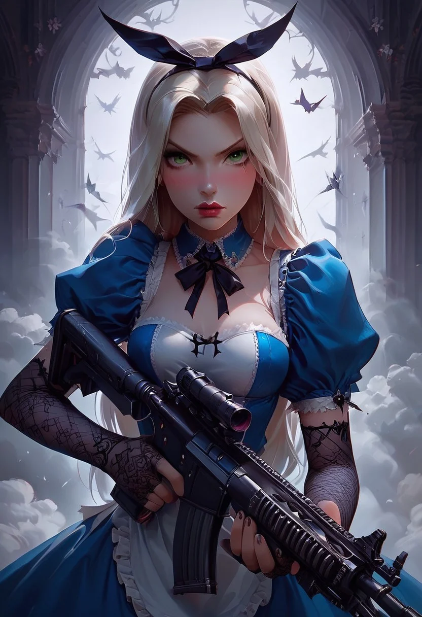 score_9, score_8_up, score_7_up, hyper detailed,alice in wonderland disney,dark green eyes, 18 year old, blushed,super model, perfect details, medium perky breasts,fake breast, rifle, Guns,