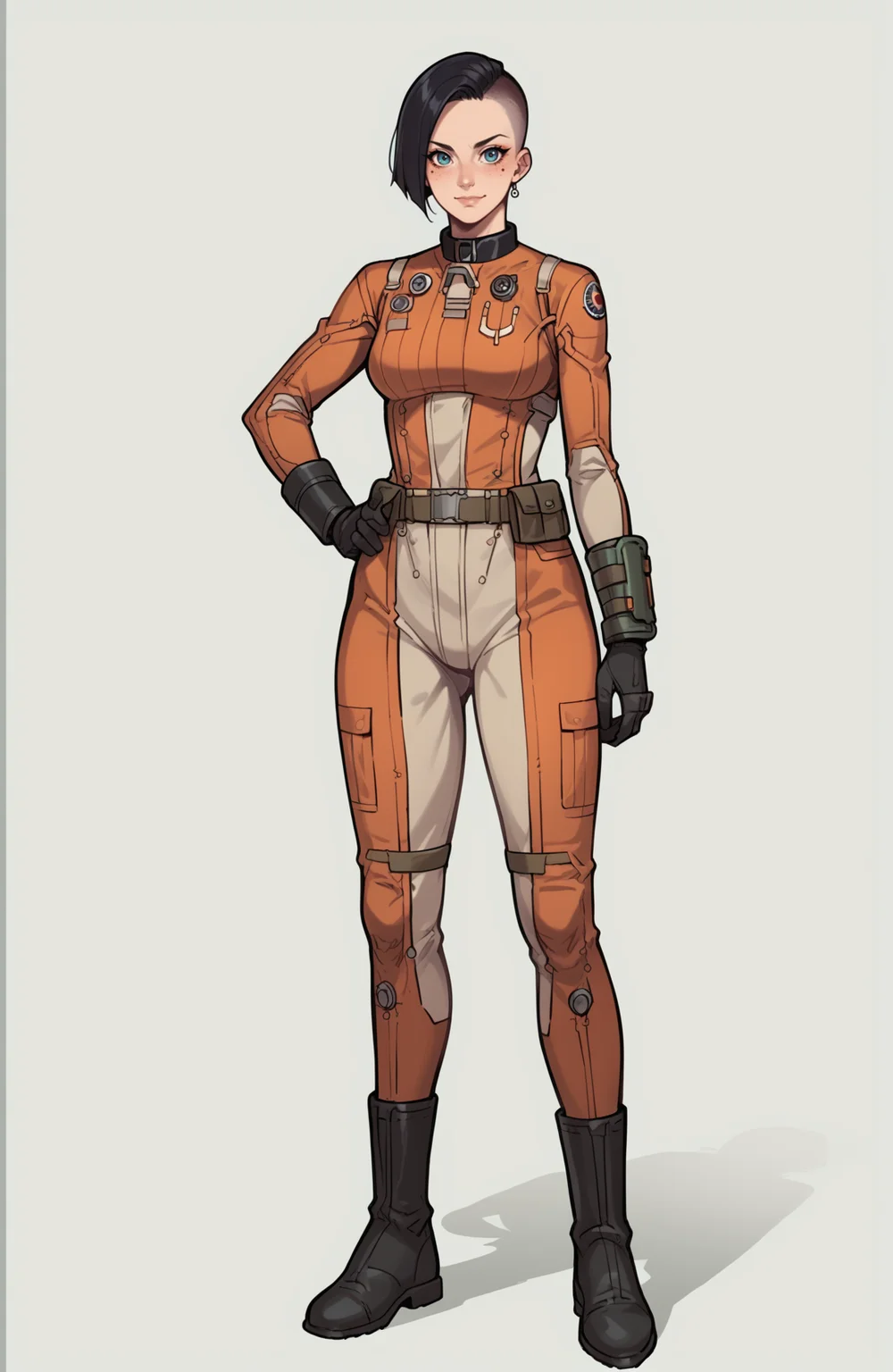 score_9, score_8_up, score_7_up, source_anime BREAK 1girl,bosuni, anime,a woman with Dark hair hair, Tousled Hair with Undercut hair, full body, Looking down hands on the hips, wearing a uniform, wearing orangebos_uni, half body,<lora:BOSuniform:0.85>, Advanced spaceport with spaceships launching into the cosmos., <lora:Galactic:0.7>