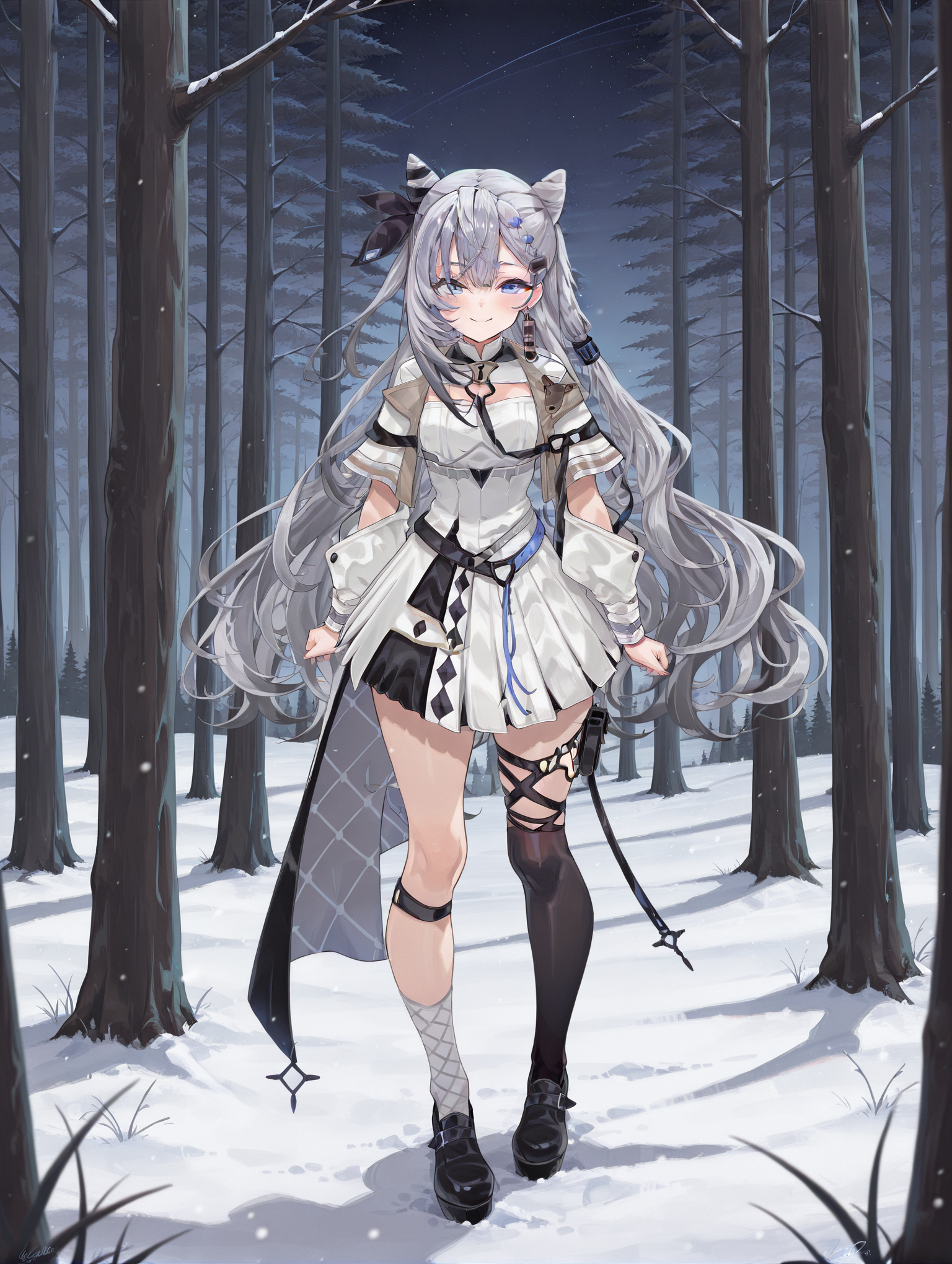 masterpiece,best quality,amazing quality, 1girl, vestia zeta, virtual youtuber, cone hair bun, long hair, hair bun, grey hair, dress, bangs, white dress, blue eyes, jewelry, jacket, double bun, white jacket, thighhighs, black footwear, smile, stars, night, forest, trees, winter, standing <lora:Vestia_Zeta:1>