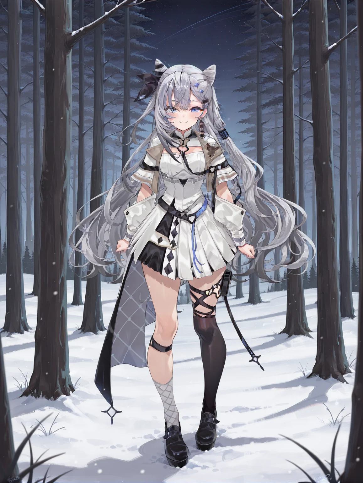 masterpiece,best quality,amazing quality, 1girl, vestia zeta, virtual youtuber, cone hair bun, long hair, hair bun, grey hair, dress, bangs, white dress, blue eyes, jewelry, jacket, double bun, white jacket, thighhighs, black footwear, smile, stars, night, forest, trees, winter, standing <lora:Vestia_Zeta:1>
