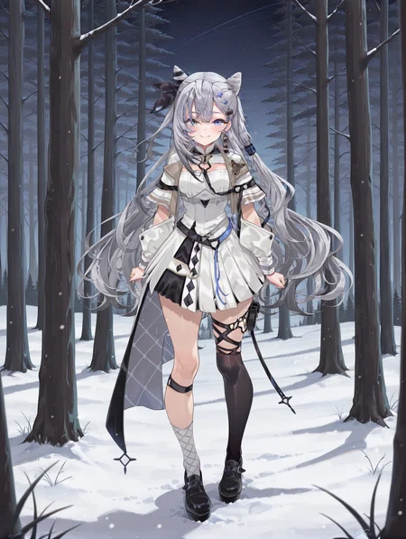 masterpiece,best quality,amazing quality, 1girl, vestia zeta, virtual youtuber, cone hair bun, long hair, hair bun, grey hair, dress, bangs, white dress, blue eyes, jewelry, jacket, double bun, white jacket, thighhighs, black footwear, smile, stars, night, forest, trees, winter, standing <lora:Vestia_Zeta:1>
