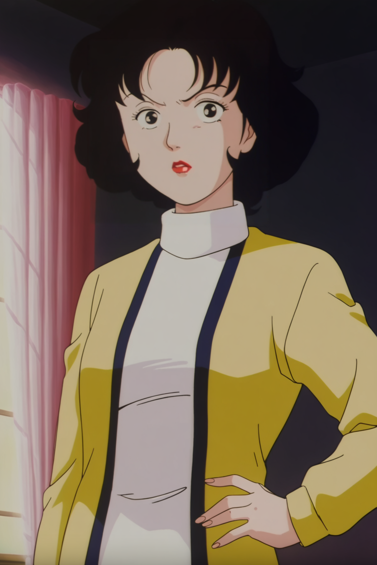 anime screencap,anime coloring,detailed face,masterpiece,best quality,very aesthetic,absurdres,volumetric lighting,official style,amazing quality,ultra detailed,highres,amazing quality,scenery,beautiful detailed hair,beautiful detailed eyes,detailed fingers,
shengzi,retro artstyle,1girl,short hair,black hair,lipstick,red lips,makeup,solo,<lora:å£å­-IL V1:1>,dress,jacket,looking at viewer,upper body,turtleneck,long sleeves,front view,indoors,hand on own hip,
