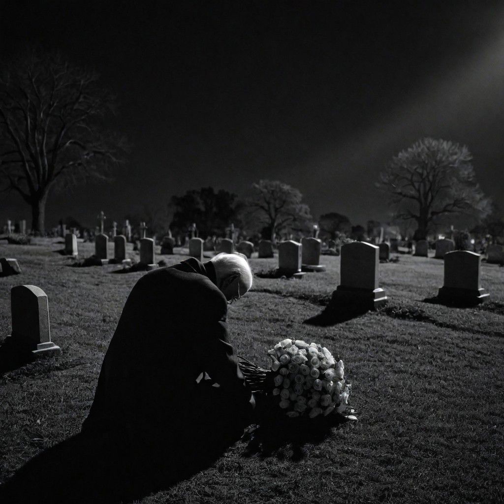 cinematic, ((black and white, monochrome, greyscale)), from behind, photograph, of a depressed and lonely elderly man, mourning, hugging, his wife's headstone, loose bouquet of roses at his feet, in a dark, dimly lit, graveyard, at night, noise, detailed, high quality, cinematic lighting, contrast, heavy dynamic shadows, atmospheric, Nikon FA, 105mm, f2.8,