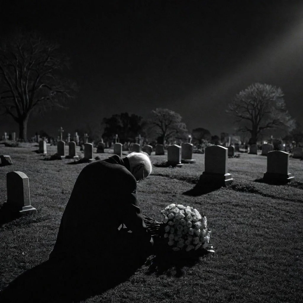 cinematic, ((black and white, monochrome, greyscale)), from behind, photograph, of a depressed and lonely elderly man, mourning, hugging, his wife's headstone, loose bouquet of roses at his feet, in a dark, dimly lit, graveyard, at night, noise, detailed, high quality, cinematic lighting, contrast, heavy dynamic shadows, atmospheric, Nikon FA, 105mm, f2.8,