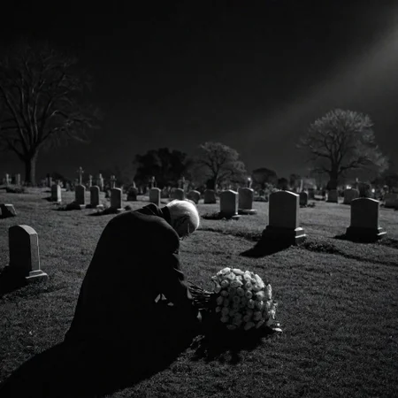 cinematic, ((black and white, monochrome, greyscale)), from behind, photograph, of a depressed and lonely elderly man, mourning, hugging, his wife's headstone, loose bouquet of roses at his feet, in a dark, dimly lit, graveyard, at night, noise, detailed, high quality, cinematic lighting, contrast, heavy dynamic shadows, atmospheric, Nikon FA, 105mm, f2.8,