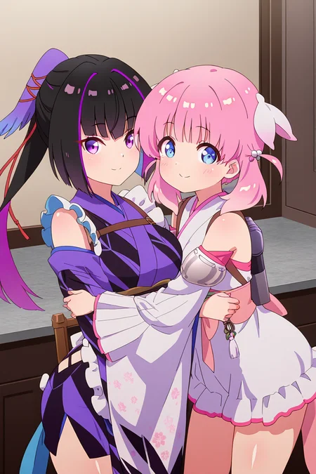 mmasterpiece, best quality, curvy, beautiful eyes, 2girls, zzKarasuba, purple eyes, black hair, japanese clothes, kimono, bangs, purple kimono, apron, zzHaizakura, blue eyes, pink hair, twintails, medium hair, hair ornament, japanese clothes, kimono, detached sleeves, bare shoulders, white kimono, hair bobbles, hug, cowboy shot, smile, looking at viewer, shiny skin, <lora:PrimaDoll_Style_IXL:1.0>,