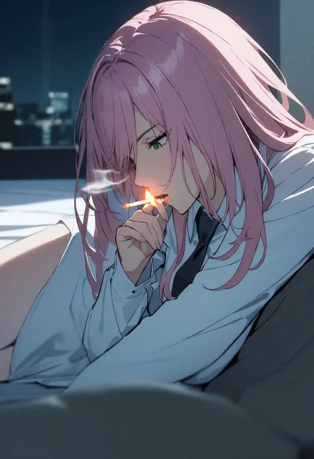 1woman, solo,  long hair, pink hair, black choker, green eyes, one eye covered by hair, lying on side, eyeliner,  gorgeous lips, white suit, tie, office lady,  looking down, <lora:sm0k1ngXL:0.6> sm0k1ng, smoking, holding lighter, lighting cigarette, night, face lit by lighter, cinematic, (masterpiece), (best quality), (ultra-detailed), very aesthetic, illustration, perfect composition, intricate details, absurdres