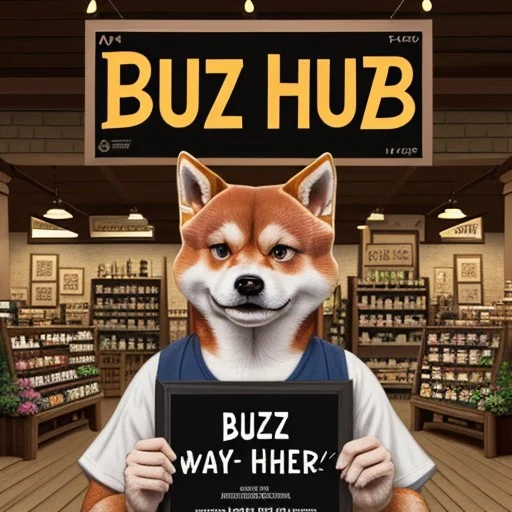 (Red Shiba Inu),
((A poster that says "buzz")),
Shiba inu in a shop as a shopkeeper,
A poster,
Text that says "Buzz",
Tavern, inn, shop, dungeons and dragons, holding sign,