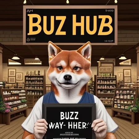 (Red Shiba Inu),
((A poster that says "buzz")),
Shiba inu in a shop as a shopkeeper, 
A poster,
Text that says "Buzz", 
Tavern, inn, shop, dungeons and dragons, holding sign,