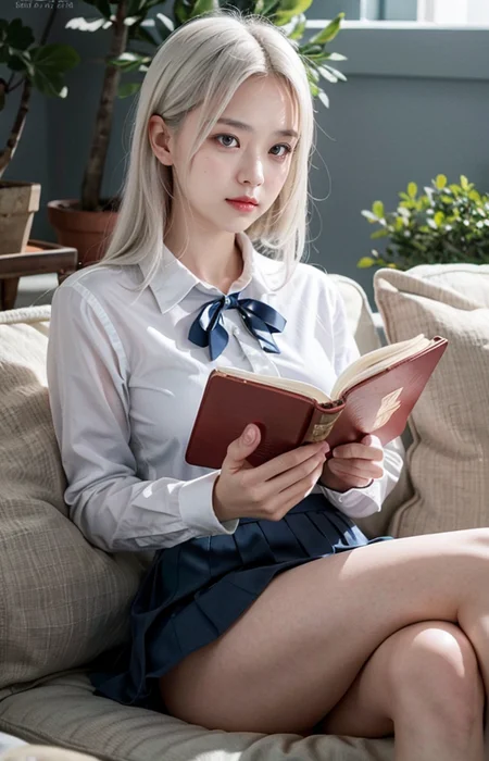 cinematic photo break. white hair,
"A close-up portrait of a 17-year-old girl with flowing white hair, sitting attractively with her legs crossed while reading a book. She is wearing a crisp white shirt and a stylish pink school uniform mini skirt. The scene takes place in a bright and relaxed atmosphere, reminiscent of a wonderful life by the Aegean Sea, with sunny weather in the background featuring a blue roof and white walls. Her expression is focused and content as she immerses herself in the book, with her white hair cascading around her, creating a cozy and inviting ambiance."
<lora:Better_Pose:1> <lora:fluxenhancer:1> <lora:sparklycism:1>, <lora:Tangbohu_real_style_FLUX_type_A:1>, 35mm photograph, film, (bokeh:1.3), professional, 4k, highly detailed
