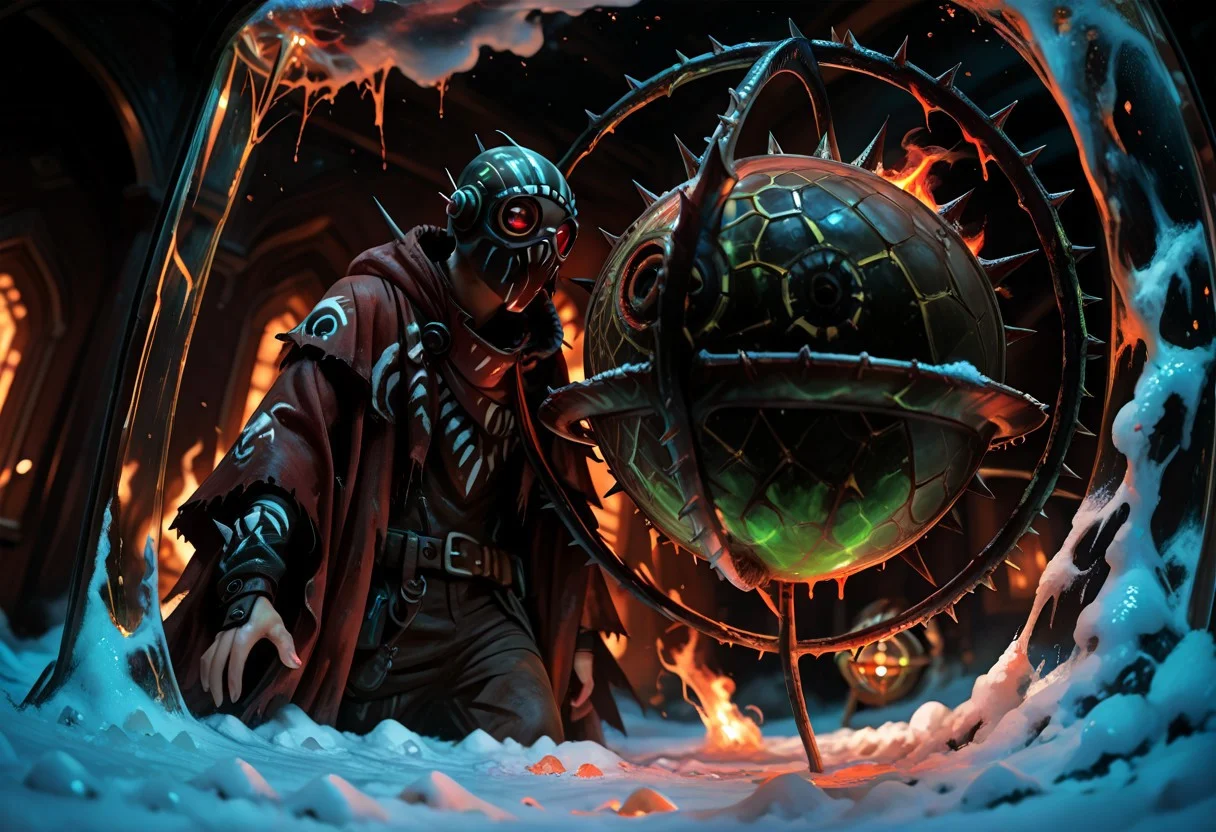 masterwork, masterpiece, best quality, wide angle, scene, depth of field, high detail, deep colour, high contrast, highly detailed, epic cinematic concept art, (octane render:1.6), (3d shading:1.6), dynamic lighting, (Dreamlike surrealist painting:1.8),
(the world is burning (inside a glass sphere:1.9) :1.5), watched by a demon, surreal female demon, red eyes, swirling cloak turning into threatening clouds,
snow, glowing footprints, burning tears scorch the land, eldritch, horror, gdv2-illu,