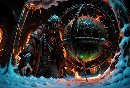 masterwork, masterpiece, best quality, wide angle, scene, depth of field, high detail, deep colour, high contrast, highly detailed, epic cinematic concept art, (octane render:1.6), (3d shading:1.6),  dynamic lighting, (Dreamlike surrealist painting:1.8),
(the world is burning (inside a glass sphere:1.9) :1.5), watched by a demon, surreal female demon, red eyes, swirling cloak turning into threatening clouds,
snow, glowing footprints, burning tears scorch the land, eldritch, horror, gdv2-illu,