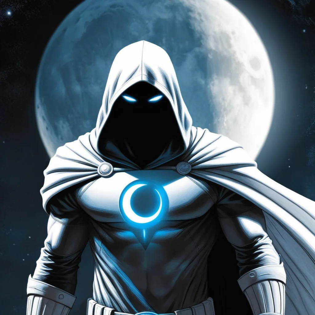 concept art of <lora:comic book magazine:1> from a comic book magazine style
moon knight a man in a hoodie standing in front of a full moon with glowing blue eyes, digital artwork, illustrative, painterly, matte painting, highly detailed