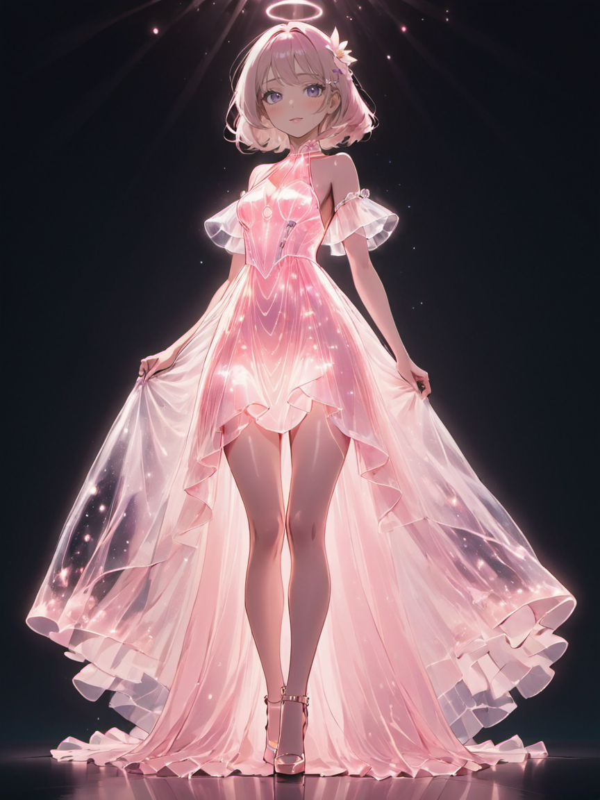 breathtaking anime style beautiful woman wearing a Light Pink (bioluminescent dress) <lora:xl_bioluminescent_dress-1.0:0.8>, Staggering, Handheld Shot, from front, . award-winning, professional, highly detailed