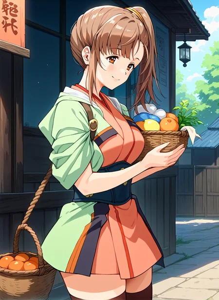 score_9,score_8_up,score_7_up,source_anime,anime,nsfw,rating_explicit,uncensored,High quality,Ultra detailed,best quality,insanely detailed,beautiful,masterpiece,prefect lighting BREAK
<lora:kajika_V1:1>,(kajika, brown hair, brown eyes, side ponytail, long hair, japanese clothes, thighhighs),1girl,solo,smile,outdoors,from_side,solo_focus,looking_at_viewer,holding_basket