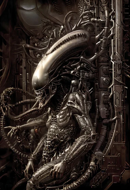 An insanely Detailed Divine Xenomorph, Golden and silver in color, cyberpunk, a crimson tinge to the golden color, Hyperdetailed, Omnipresent, Beautiful, Sinister overtones, otherworldly,by HR Giger