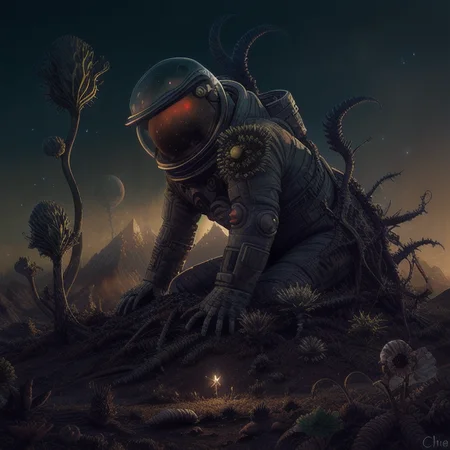 (((realistic))), ((DSLR photo)), <lora:CosmicLandscapes:0.7>, CosmicLandscapes, a photo of a ((giant statue of a dead astronaut)), ((alien plants)), ((strange growths)), ((star in sky)), mountains on horizon, chiaroscuro, beautifully lit, cinematic lighting, dramatic lighting, natural lighting, naturalism, (golden ratio), detailed, 8K, by Bruce Pennington, <lora:theovercomer8sContrastFix_sd15:0.5>, Danny Flynn, by alexi zaitsev, by Antoine Blanchard, by Brent Heighton, by Jeremy Mann