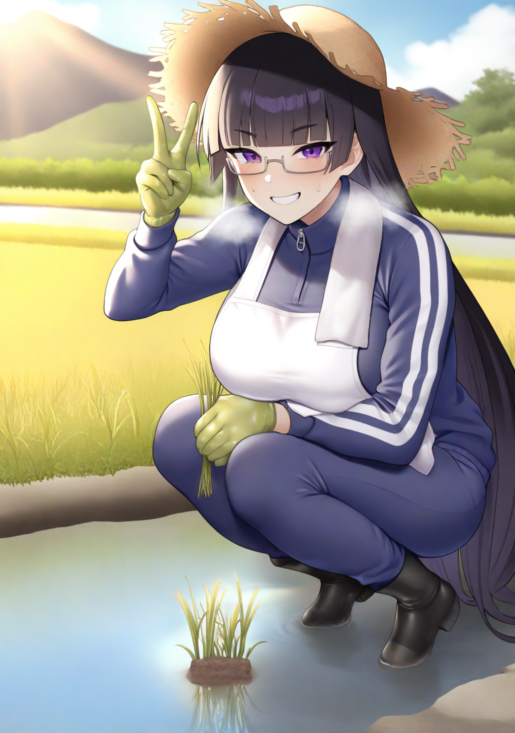 masterpiece, best quality, absurdres, perfect lighting,shiny skin,<lora:illustrious_noobai_epsilon_pred_1_best_quality_v1:1>,,1girl,huge breasts,ookubo,long hair,black hair,blunt bangs, purple eyes,fit_body,<lora:ookubo_muramasa:0.9>,glasses, long sleeves,jersey,rubber gloves, rubber boots, apron, long pants,straw hat, towel around neck,squatting,v,laughing,smile,grin,looking at viewer,sweat,blush,heavy breathing,rice paddy,grass,water,partially submerged,day, reflection, nature, blue sky, sun glare, mountain,cloudy sky,depth of field,glowing sunset, serene atmosphere, soft and warm lighting, natural setting, vibrant and whimsical,rice planting,<lora:rice planting:0.9>,mud,dirty face, dirty clothes