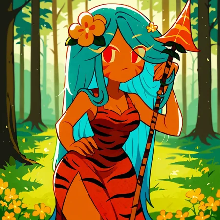 score_9, score_8_up, score_7_up, 2d, tigerlilycookie, cookie run, blue hair, long hair, flower in hair, orange dress, tiger print, red eyes, wide hips, large thighs, holding spear, cinematic lighting, cowboy shot, forest, looking at viewer, chibi